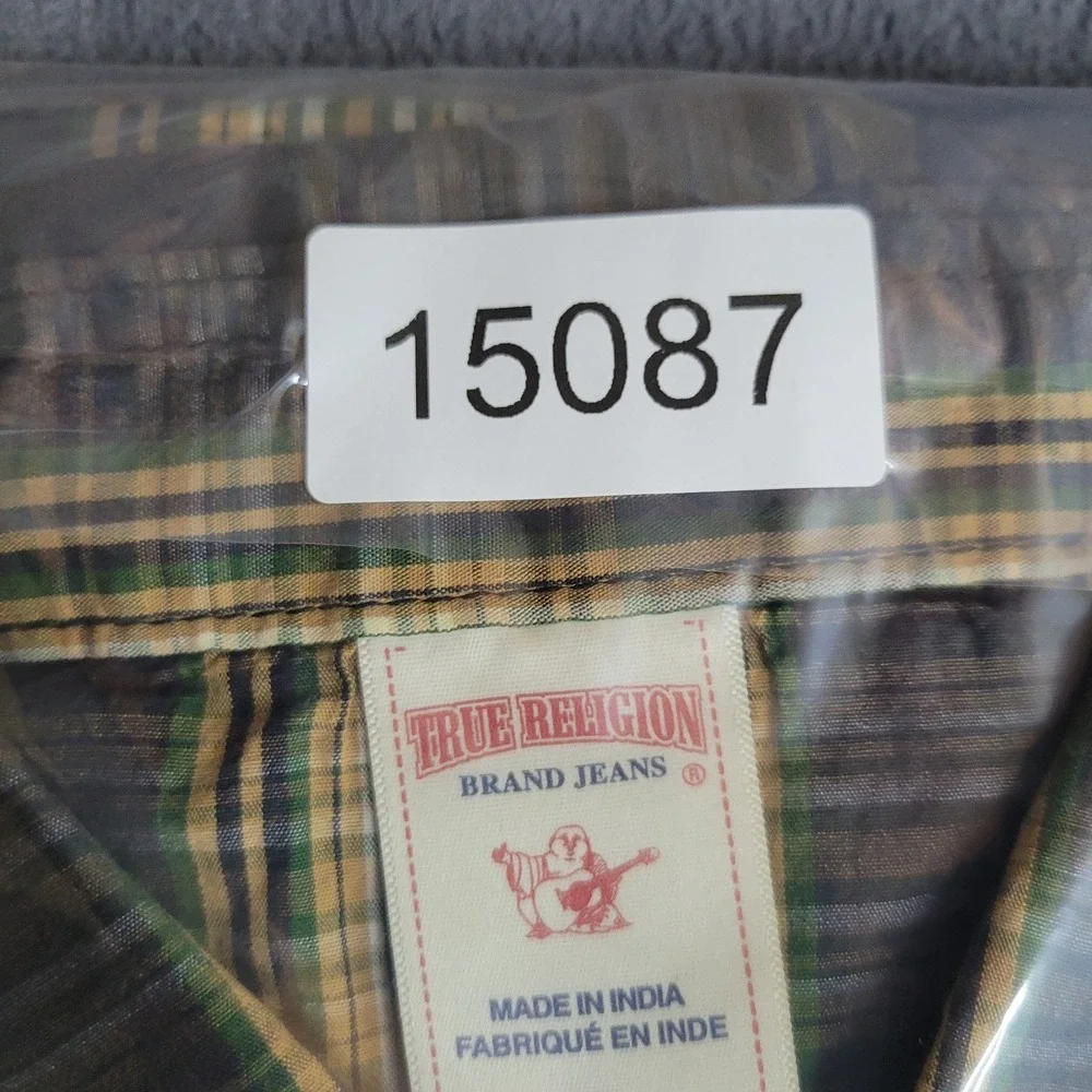 True Religion Pearl Snap Western Shirt Mens 2XL Green Plaid Long Sleeve